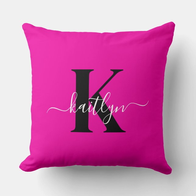 Modern Hot Pink Black Script Monogram Kissen (Vorderseite)