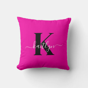 Modern Hot Pink Black Script Monogram Kissen