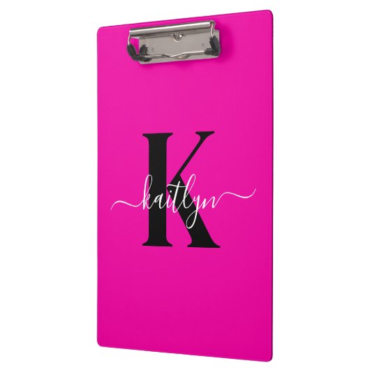 Modern Hot Pink Black Script Monogram Klemmbrett (Links)