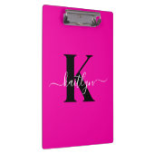 Modern Hot Pink Black Script Monogram Klemmbrett (Rechts)