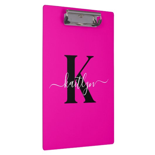 Modern Hot Pink Black Script Monogram Klemmbrett (Rechts)