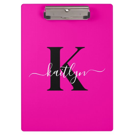 Modern Hot Pink Black Script Monogram Klemmbrett (Vorderseite)