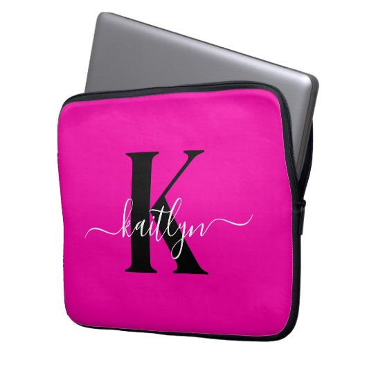 Modern Hot Pink Black Script Monogram Laptopschutzhülle (Vorderseite Links)