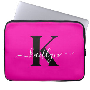 Modern Hot Pink Black Script Monogram Laptopschutzhülle