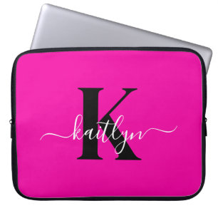 Modern Hot Pink Black Script Monogram Laptopschutzhülle