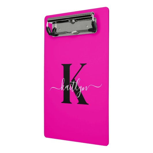 Modern Hot Pink Black Script Monogram Mini Klemmbrett (Gewinkelt2)