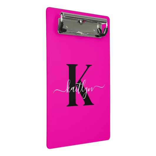Modern Hot Pink Black Script Monogram Mini Klemmbrett (Schrägansicht)