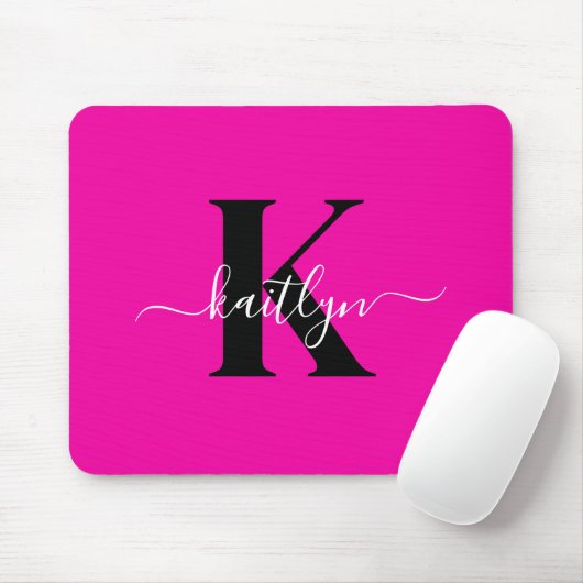 Modern Hot Pink Black Script Monogram Mousepad (Mit Mouse)