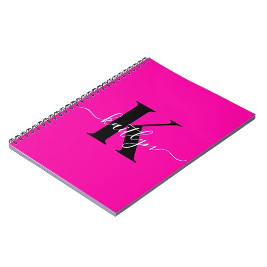 Modern Hot Pink Black Script Monogram Notizblock (Linke Seite)