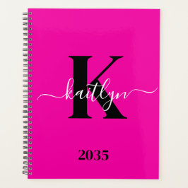 Modern Hot Pink Black Script Monogram Planer