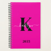 Modern Hot Pink Black Script Monogram Planer (Vorderseite)