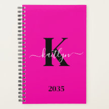 Modern Hot Pink Black Script Monogram