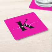 Modern Hot Pink Black Script Monogram Rechteckiger Pappuntersetzer (angewinkelt)