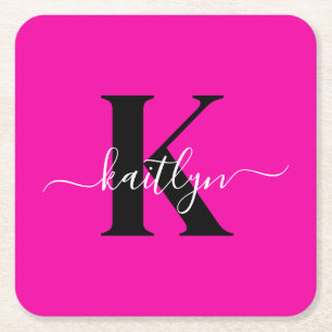 Modern Hot Pink Black Script Monogram Rechteckiger Pappuntersetzer
