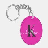Modern Hot Pink Black Script Monogram Schlüsselanhänger (Vorderseite links)