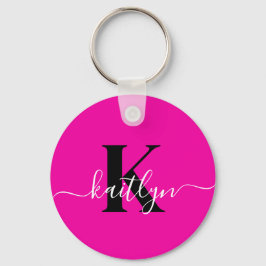 Modern Hot Pink Black Script Monogram Schlüsselanhänger