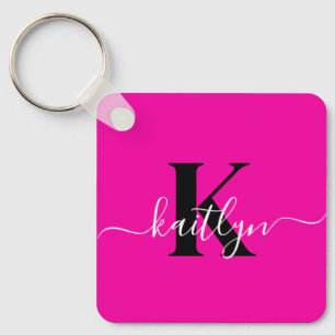 Modern Hot Pink Black Script Monogram Schlüsselanhänger
