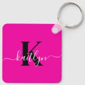 Modern Hot Pink Black Script Monogram Schlüsselanhänger (Rückseite)