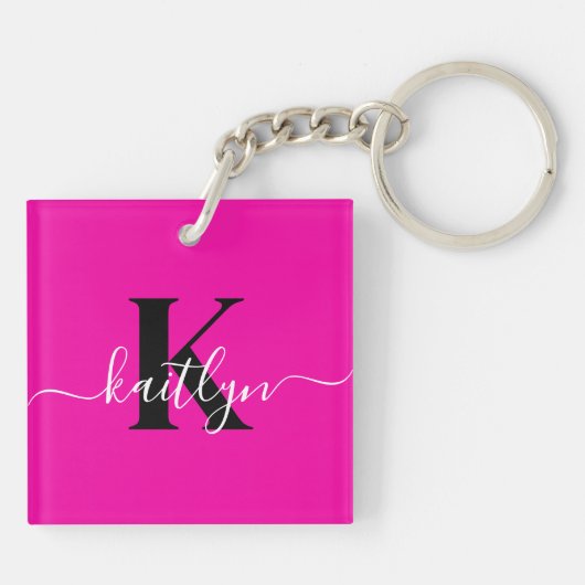 Modern Hot Pink Black Script Monogram Schlüsselanhänger (Rückseite)