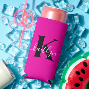 Modern Hot Pink Black Script Monogram Selters Dosenkühler