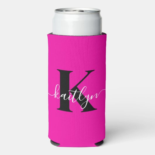 Modern Hot Pink Black Script Monogram Selters Dosenkühler (Seltzer Rückseite)
