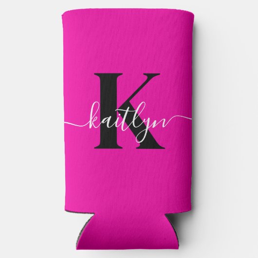 Modern Hot Pink Black Script Monogram Selters Dosenkühler (Rückseite)