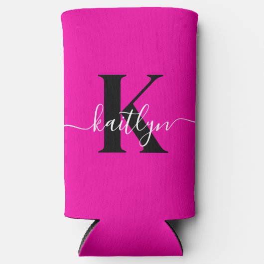 Modern Hot Pink Black Script Monogram Selters Dosenkühler (Vorderseite)