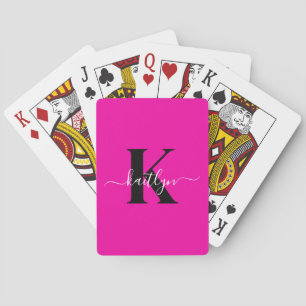 Modern Hot Pink Black Script Monogram Spielkarten