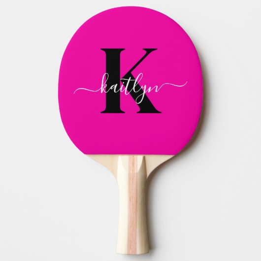 Modern Hot Pink Black Script Monogram Tischtennis Schläger (Vorderseite)