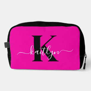 Modern Hot Pink Black Script Monogram Waschbeutel