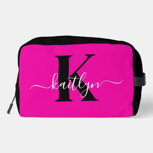 Modern Hot Pink Black Script Monogram Waschbeutel (Rückseite)