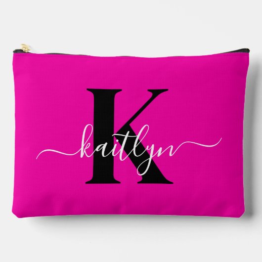 Modern Hot Pink Black Script Monogram Zubehörtasche (Vorderseite)