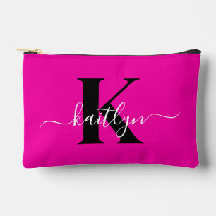 Modern Hot Pink Black Script Monogram Zubehörtasche