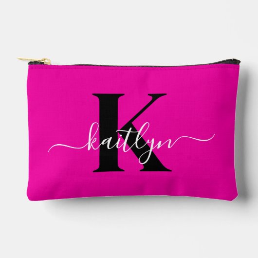 Modern Hot Pink Black Script Monogram Zubehörtasche (Vorderseite)