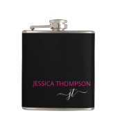Modern Hot Pink Black Simple Script Monogram Name Flachmann (Vorderseite)