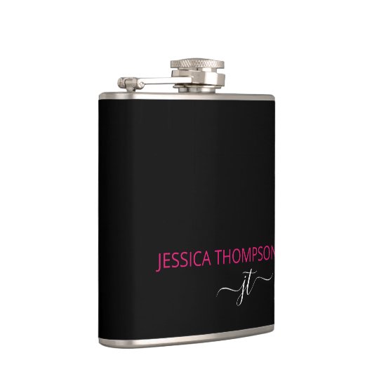 Modern Hot Pink Black Simple Script Monogram Name Flachmann (Rechts)