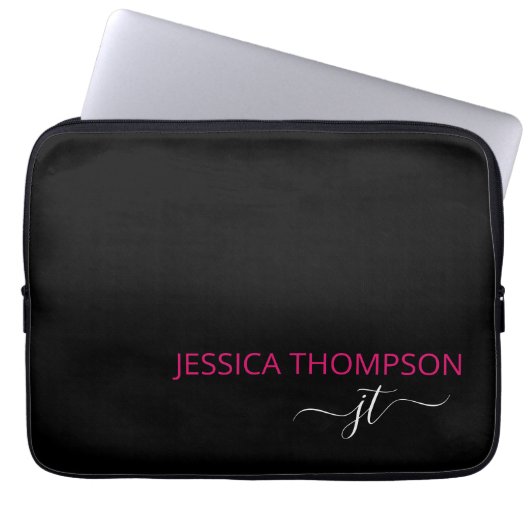 Modern Hot Pink Black Simple Script Monogram Name Laptopschutzhülle (Vorderseite)