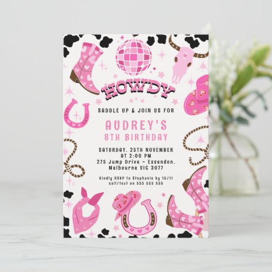 Modern Hot Pink Disco Ball Western Rodeo Geburtsta Einladung (Stehend Vorderseite)