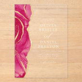 Modern Hot Pink Gold Agate Hochzeit Acryleinladungen (Vorderseite)