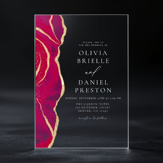 Modern Hot Pink Gold Agate Hochzeit Acryleinladungen
