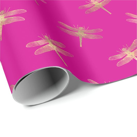 Modern Hot Pink Gold Dragonfly Muster  Geschenkpapier (Rolleneckpunkt)