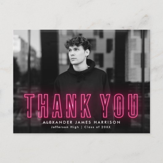 Modern Hot Pink Neon Foto Abschluss Vielen Dank Postkarte (Vorderseite)