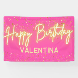 Modern Hot Pink Neon Glow Glow Happy Birthday Part Banner