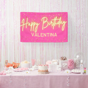 Modern Hot Pink Neon Glow Glow Happy Birthday Part Banner