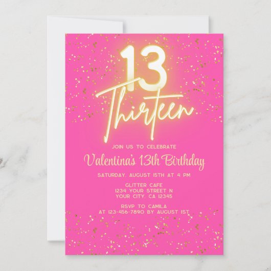 Modern Hot Pink Neon Glow Gold Glitzer 13 Geburtst Einladung (Vorderseite)