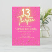 Modern Hot Pink Neon Glow Gold Glitzer 13 Geburtst Einladung (Stehend Vorderseite)