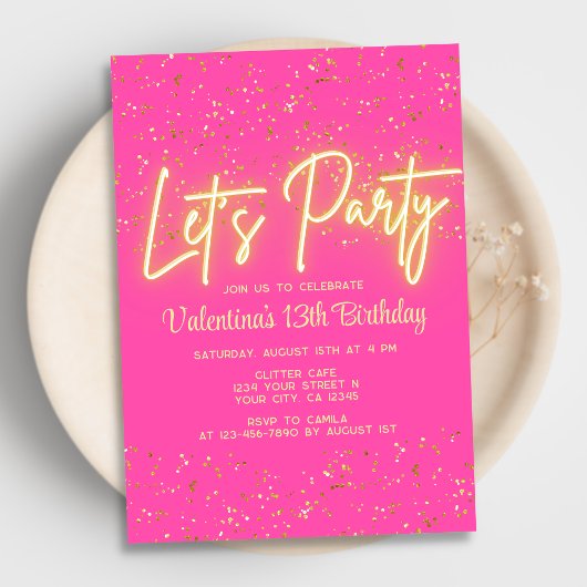 Modern Hot Pink Neon Glow Let's Party Geburtstag Einladung