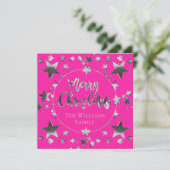 Modern Hot Pink Silver Script Star Frohe Weihnacht (Stehend Vorderseite)