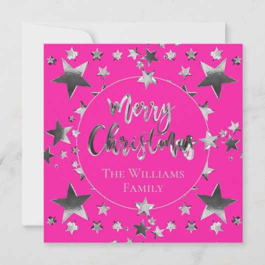 Modern Hot Pink Silver Script Star Frohe Weihnacht (Vorderseite)
