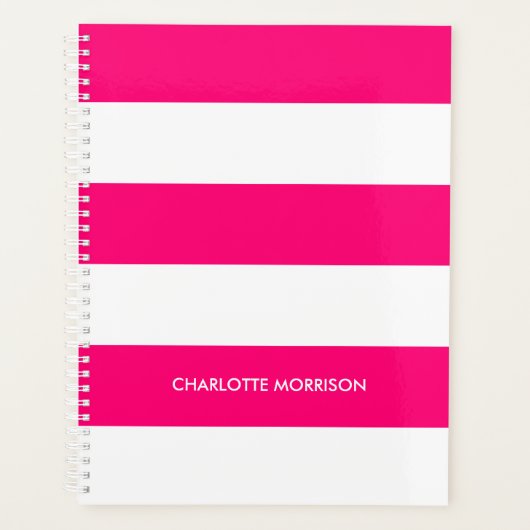 Modern Hot Rosa White Stripes individuelle Name Mo Planer (Vorderseite)